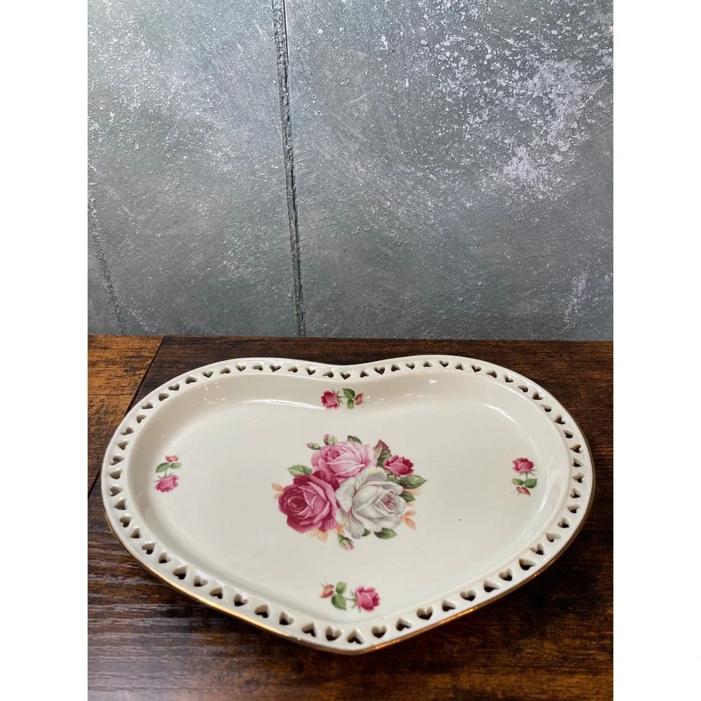 Vintage Heart Shaped Floral Trinket Dish Pink Roses Reticulated Heart Border